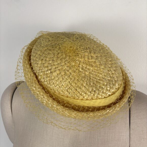 VTG 1940s 1950s Veiled Straw Woven Yellow Hat Headpiece Netting Union Made - Picture 2 of 5